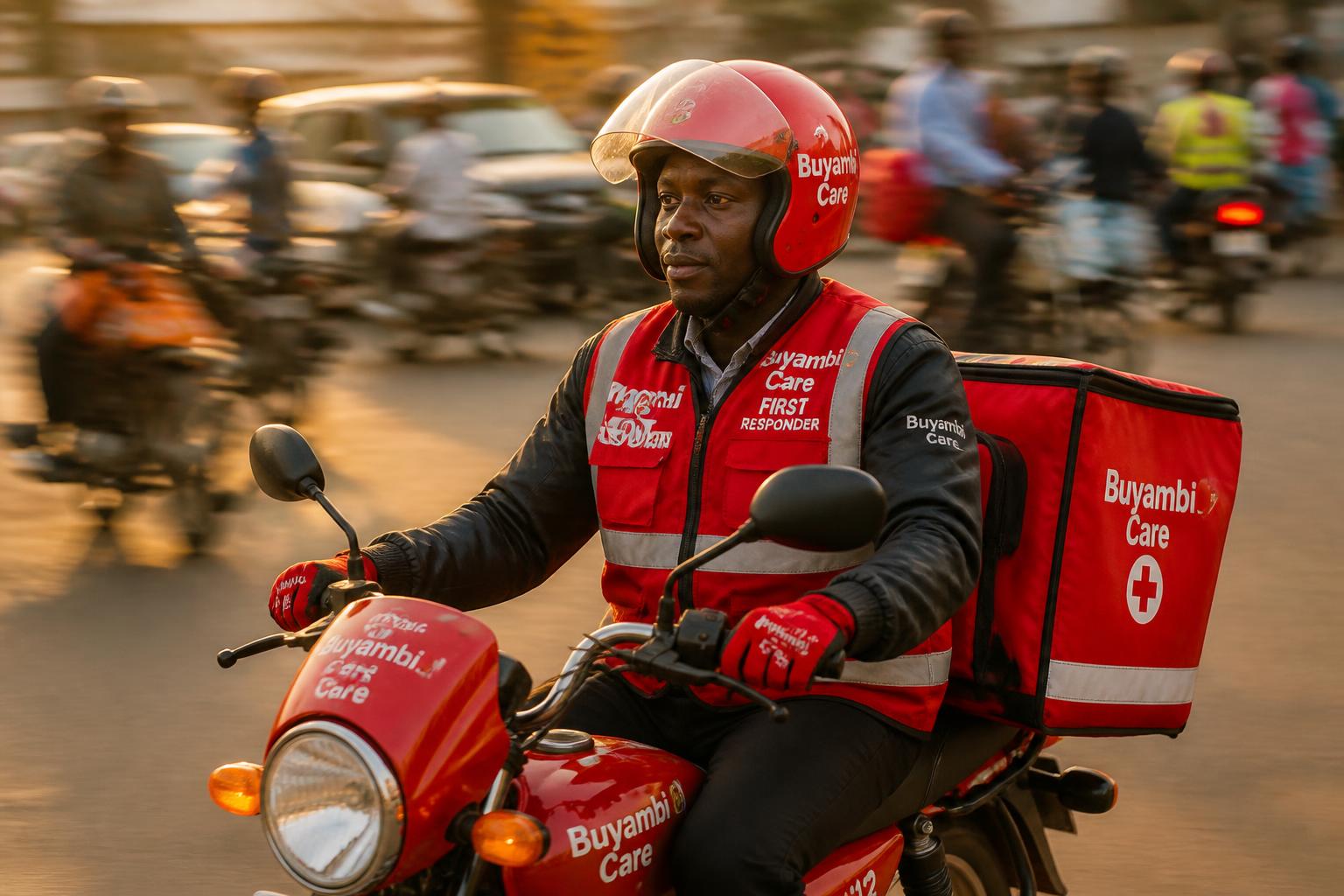 A trained Buyambi Care boda first responder riding through Kampala