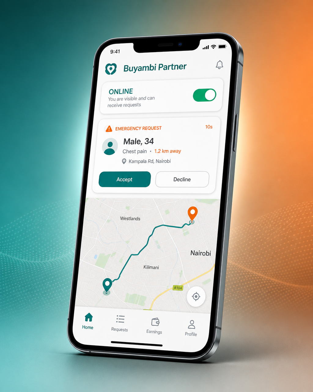 Buyambi Care partner app screen showing an incoming emergency request and navigation